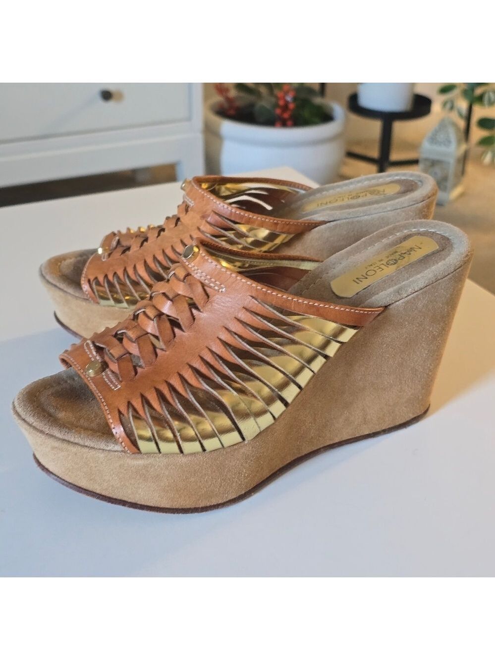 Napoleoni Italian Leather Woven Tan and Gold Wedges Size 38